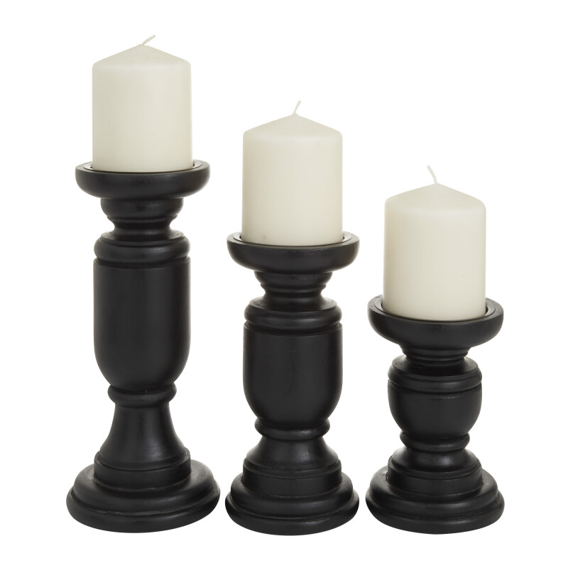603047 Set of 3 Black Wood Traditional Candle Holders, 10" x 4" x 4"